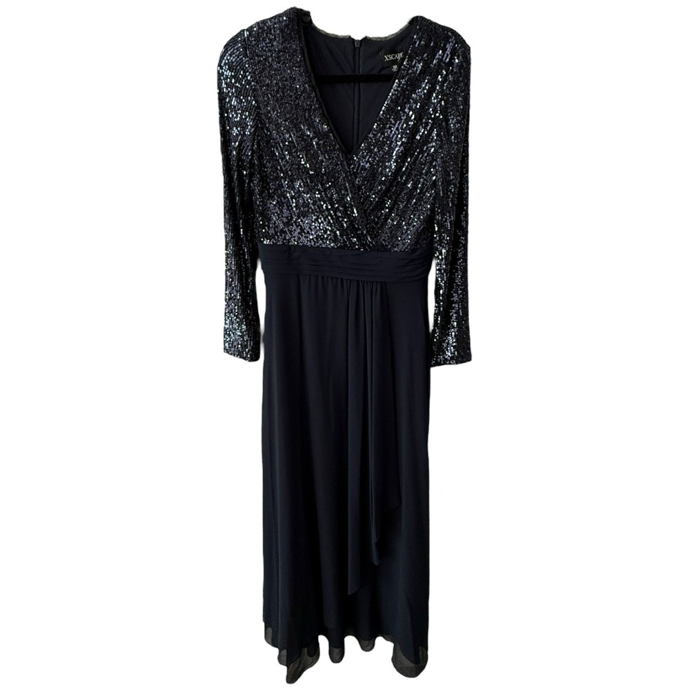 Xscape Navy Blue Sequin Long Sleeve Evening Gown Maxi Dress Size 10